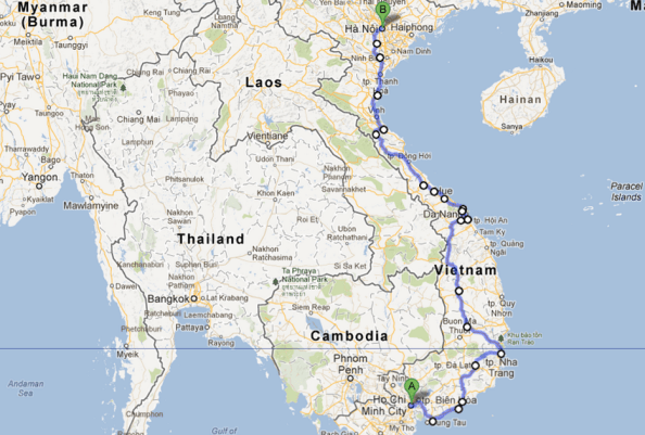 The full route: Ho Chi Minh City to Hanoi